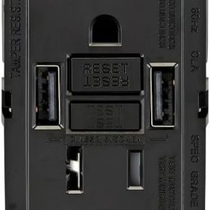 Leviton 15A SmartlockPro GFCI Combination Type A USB in-Wall Charger Outlet, USB Charger for Smartphones and Tablets, GUSB1-E, Black